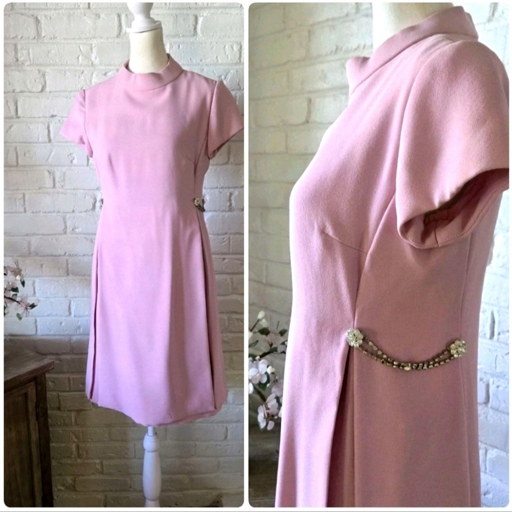 Vintage 1960s Mod Rhinestone Party Dress, Powder Pink, 4/S, Mini